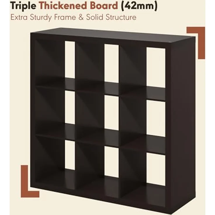 Furinno Cubicle Plattenspieler Regal mit Vinyl Aufbewahrung, 9-Würfel 1.8 Dreifach Dicke Vinyl Aufbewahrung, Offen Rückseitiges Medienregal für CD DVD Blueray Spiel Discs, Schwarz Dunkle Eiche – Bild 4
