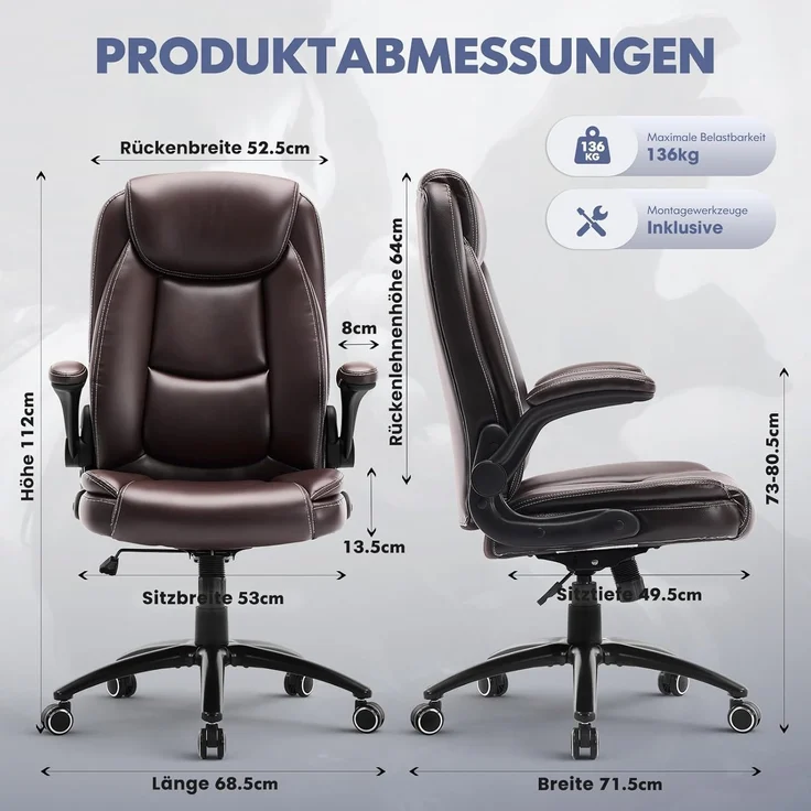 COLAMY Ergonomischer Bürostuhl, Office Bürostuhl Ergonomisch, 360° Drehung Chefsessel Schreibtischstuhl mit Hochklappbaren Armlehnen, Verstellbarer Rückenlehne, Höhe & Kippspannung, Braun – Bild 2