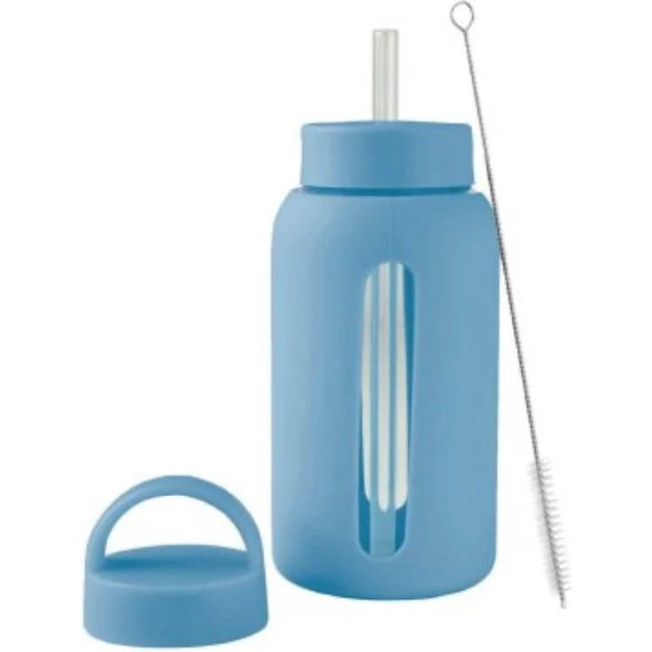 Trinkflasche aus Borosilikatglas 650 ml mit Strohhalm & Bürste - Blau