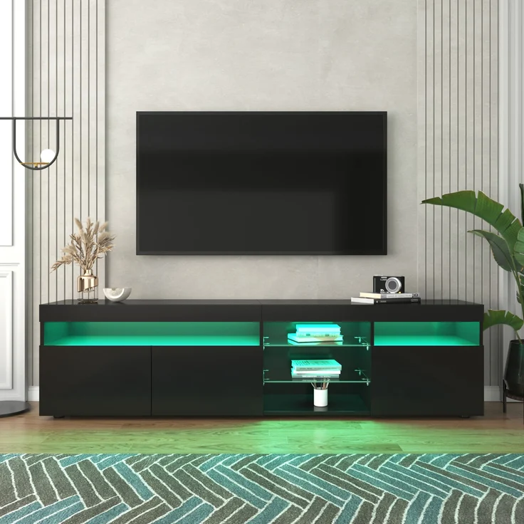 TV-Schrank, MDF mit Hochglanzfront & LED-Beleuchtung, 180x35x48 cm, Schwarz – Bild 2