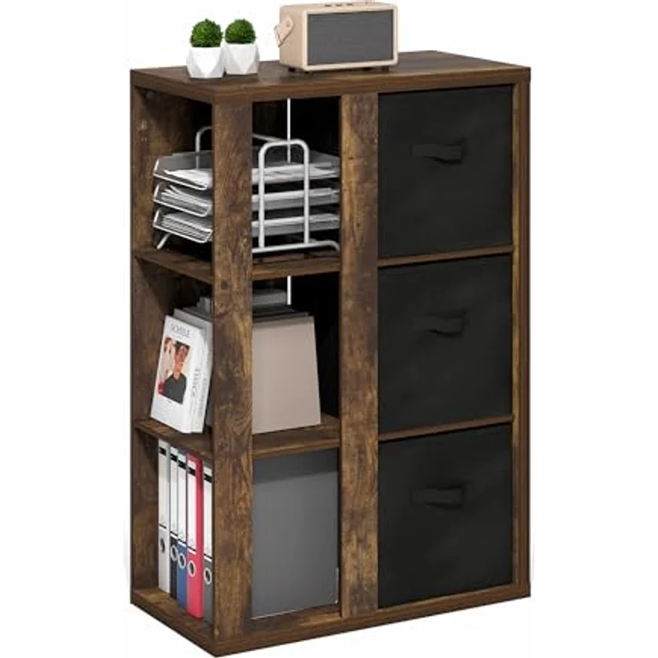Furinno Viola 3-stöckiges Offenes Regal, Bücherregal, Aufbewahrungsorganizer mit Aufbewahrungsboxen, Amber Pine/Schwarz – Bild 4
