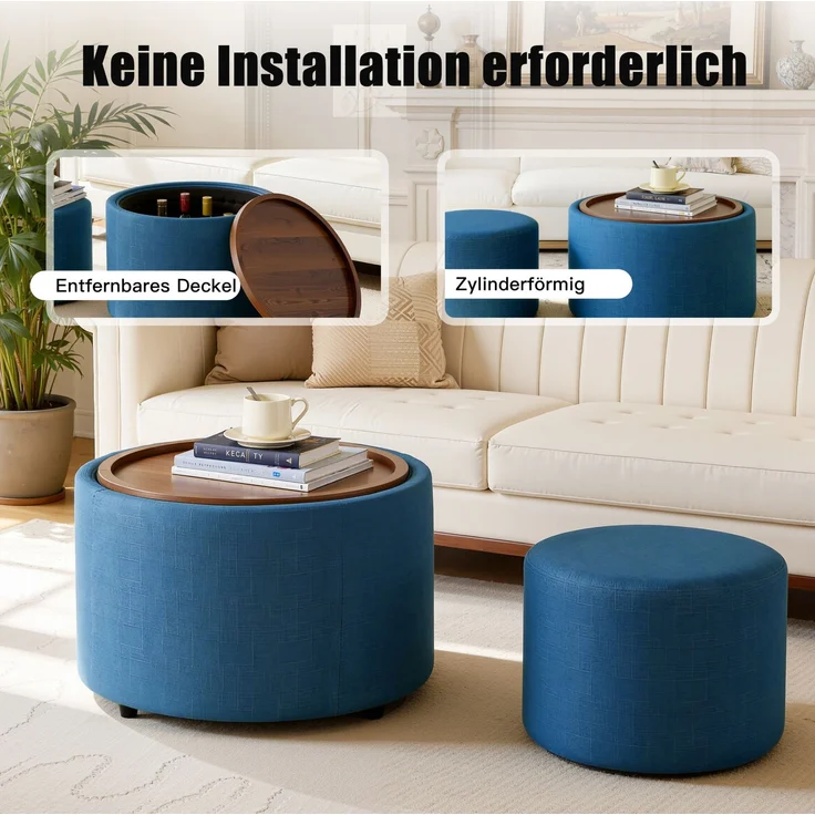 DESVIAE Hocker-Set 2-tlg. mit Stauraum und Holzablage, Ø 58 cm, Leinen Blau, 58 x 58 x 38 cm – Bild 4
