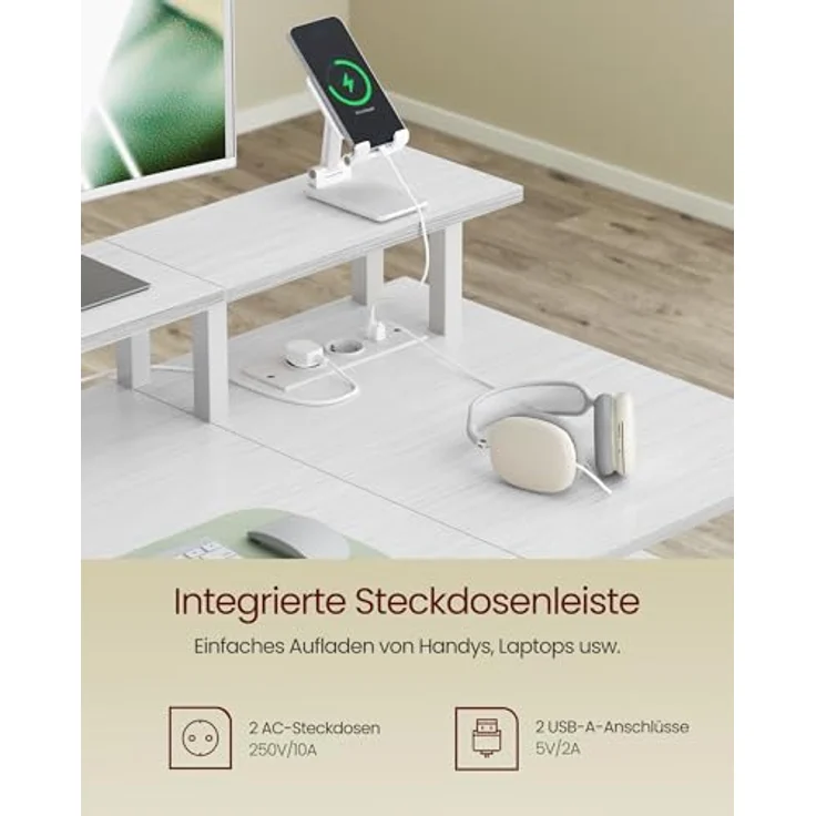 VASAGLE Schreibtisch mit Stoff-Schubladen, Computertisch mit Monitorständer, Bürotisch, 2 AC-Steckdosen, 2 USB-A-Anschlüsse, für Homeoffice, 140x60 cm, ahornweiß LWD094W01V1 – Bild 4