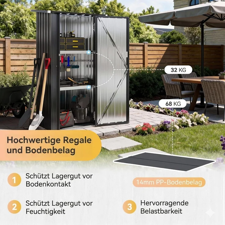 Aoxun Metall-Gerätehaus 88x61x164cm mit 2 verstellbaren Regalböden, Kleiner abschließbarer Werkzeugschrank für Garten, Terrasse & Hof, Schwarz – Bild 5