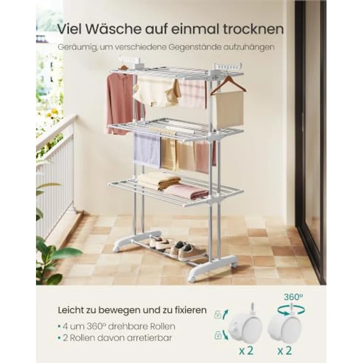 SONGMICS Wäscheständer, Standtrockner 4 Ebenen, Flügelwäscheständer, klappbare Flügel, mit Rollen, 63,5 x 128 x 173 cm, groß, einfacher Aufbau,Silbergrau-wolkenweiß LLR701EW01 – Bild 3