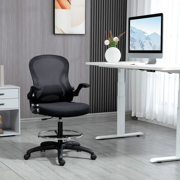 MELAYR, Zeichenstuhl, höhenverstellbarer Bürostuhl, mit Fußstütze, 59 cm x 65 cm x 122 cm, Schwarz – Bild 4