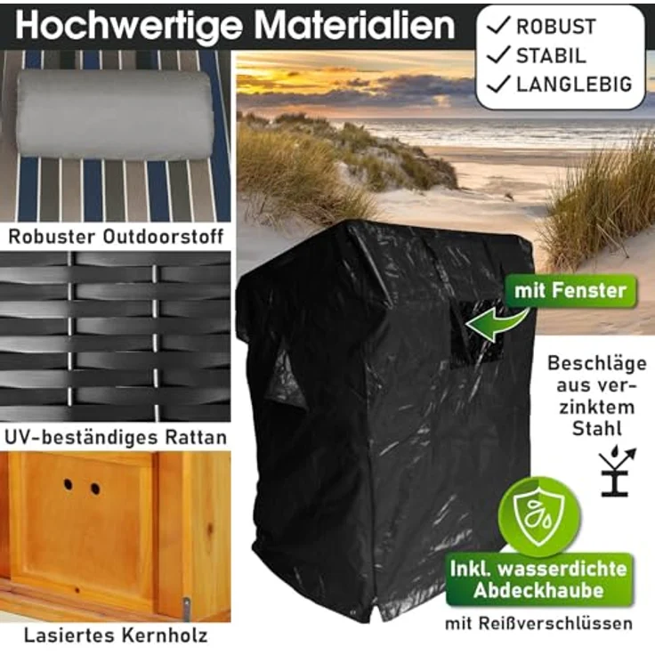 BRAST® Strandkorb Usedom 3-Sitzer XXL für 2-3 Personen | 165cm breit | 5 Designs | inkl. wetterfeste Abdeckhaube | verstellbare Rückenlehne Fußkissen | Braun/Blau - gestreift – Bild 6