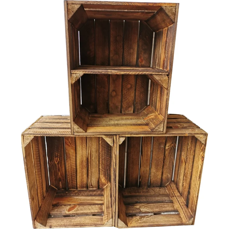 4er Set Boden Quer Obstkisten Weinkisten Vintage Geflammt 50 x 40 x 30 cm – Bild 3