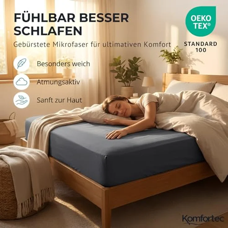 Komfortec Mikrofaser Spannbettlaken 200x200 cm – Weiches Spannbetttuch mit Rundumgummi – Fitted Sheet für Matratzen bis 30 cm – Anthrazit – Oeko-Tex – Pflegeleicht & Hautfreundlich – 90g/m² – Bild 5