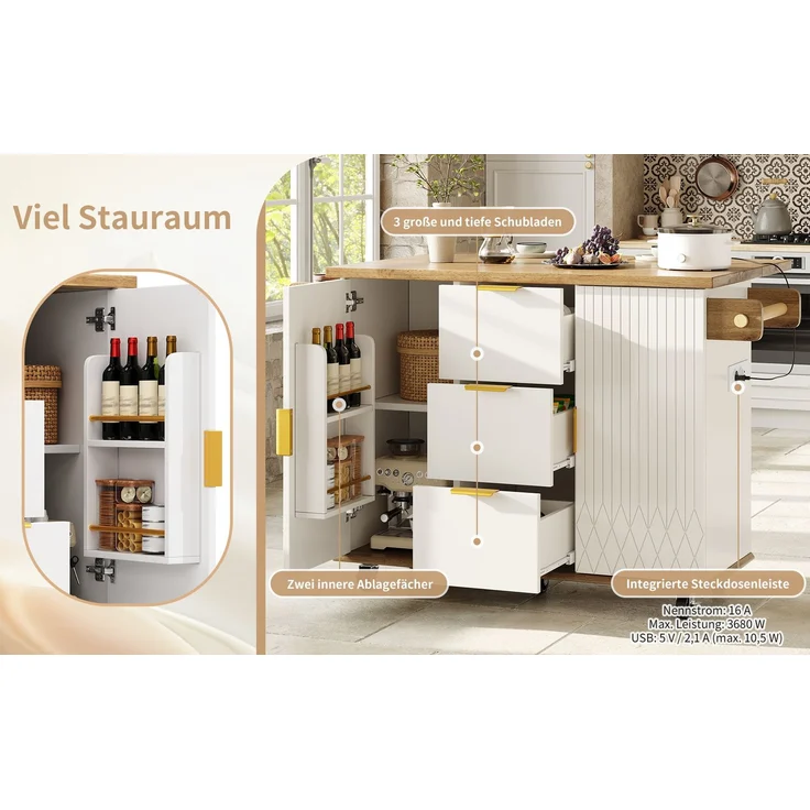 TavilaEcon Küchenwagen mit ausklappbarer Arbeitsplatte & Stromanschluss weiß H 88 cm, B 134 cm – Bild 10
