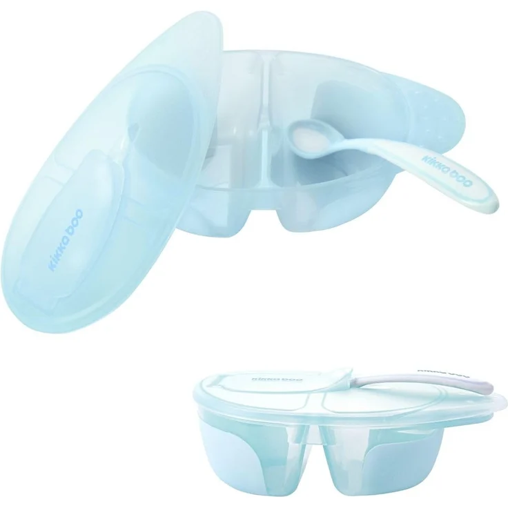Kikkaboo Kinderschüssel Tasty Doppelkammer, Löffel, Deckel, großes Fach 150 ml blau – Bild 2