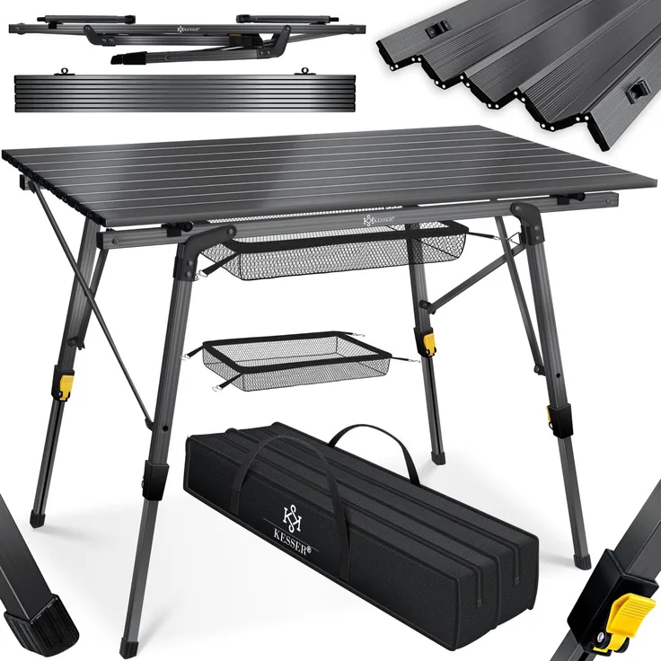 KESSER® Campingtisch faltbar Klapptisch mit Aluminiumrahmen Aufrollbare Tischplatte Falttisch klappbar höhenverstellbar inkl. Tragetasche mit Trageband & Netztasche Anthrazit
