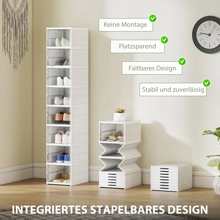 8-stufiges Schuhregal, Schuhschrank, faltbar, belüftete Rückseite, Kunststoff, Weiß--Weiß--140x26x35cm--YOUDENOVA – Bild 6
