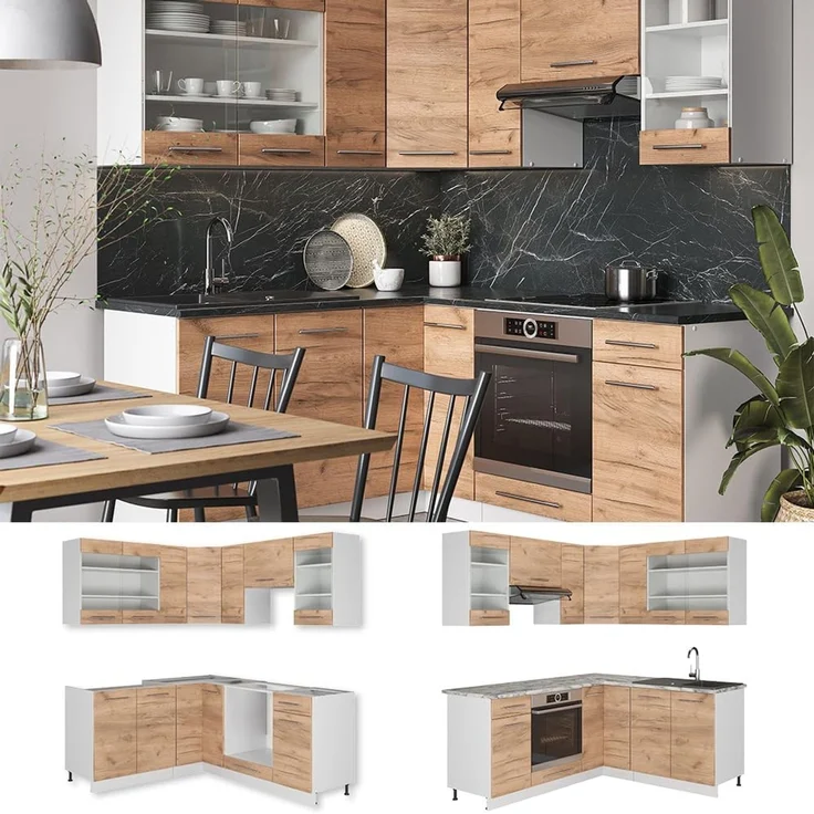 Eckküche Fame-Line Goldkraft Eiche/Weiß 190 x 160 cm ohne Arbeitsplatte Vicco – Bild 5