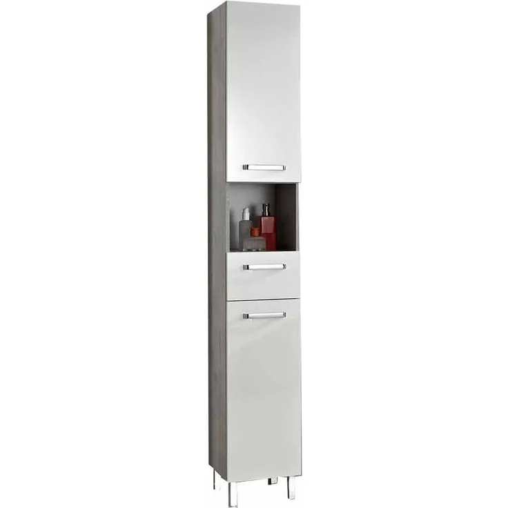 Hochschrank Hamm / Hanau, Holzwerkstoff, Metall, Grau, Weiß, 30 x 196 x 33 cm
