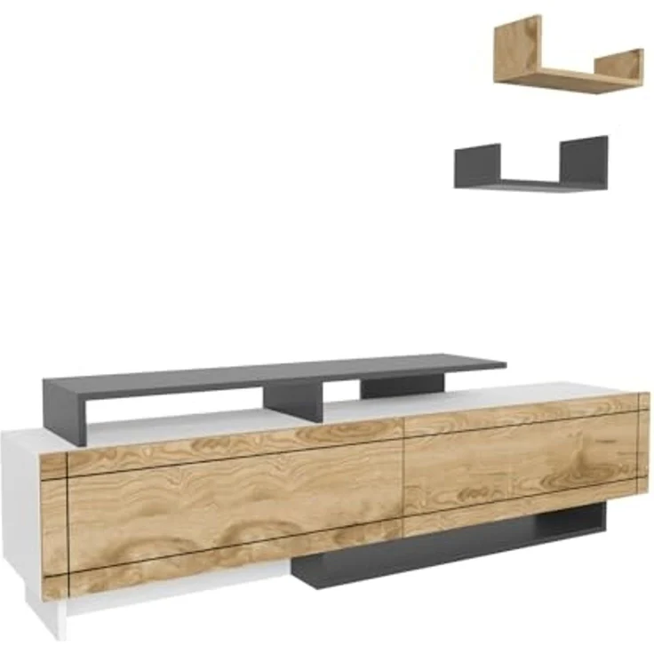 Hanah Home Stylish TV Stand, 180 cm, White & Oak with Anthracite Accents | 100% Melamine Coated Particle Board, 18 mm Thick | Modern Design for Living Room – Bild 4
