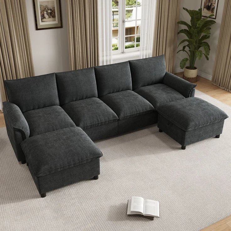 Merax U-förmiges modulares Sofa, bequemes Ecksofa mit Deep-Seat-Design, mit 2 beweglichen Fußhockern, hohe Rückenlehne, Chenille, Schwarz, B264.5/D142.5/H84 – Bild 5