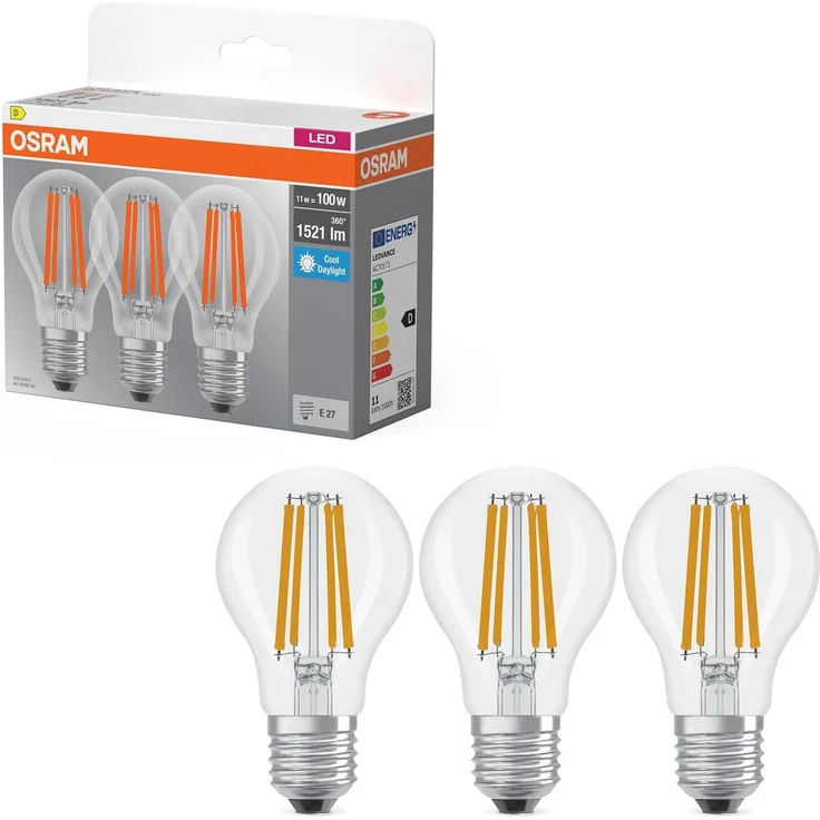 OSRAM LED Lampe Base Classic Kolbenform E27 klar 6500K, Filament LED, Ersatz für Glühlampe, IP20, quecksilberfrei, stoßfest, 15000 h, Haushalt & Außen, 100W