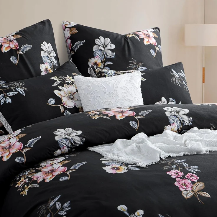 Bettwäsche Set 200x200 Schwarz Blumen Muster Mikrofaser Reißverschluss – Bild 3