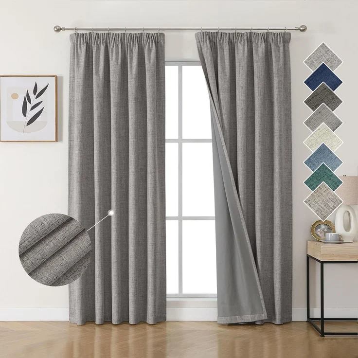 Joydeco 100% Verdunkelungsvorhänge Leinen Gardinen mit Kräuselband 2er Set H229xB132cm Hellgrau, Thermovorhang Kälteschutz Blickdicht Schallschutz Ideal für Wohnzimmer passt zu Schienensystemen