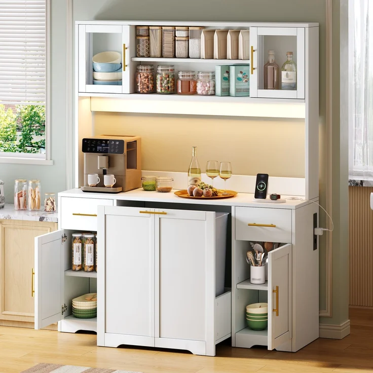 Küchenschrank, hoher Stauraumschrank mit Arbeitsplatte und Schubladen, Doppel-Mülleimerschrank mit ausziehbaren Abfalleimern, Vitrine für Wohnzimmer und Esszimmer, 173 × 140× 40 cm, Weiß--Weiß--140x40x173cm--YOUDENOVA – Bild 6