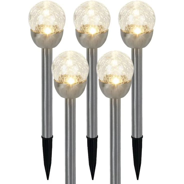 5x LED Außenleuchte, Edelstahl, Silber, Bruchglasoptik, IP44, H 24,5cm