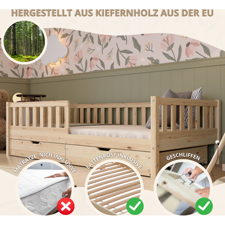 Crazy Pine 'Crazy Basic' Kinderbett mit Rausfallschutz, Skandinavisches Design, Holz, Natur, 80x160 cm, mit Schublade – Bild 4