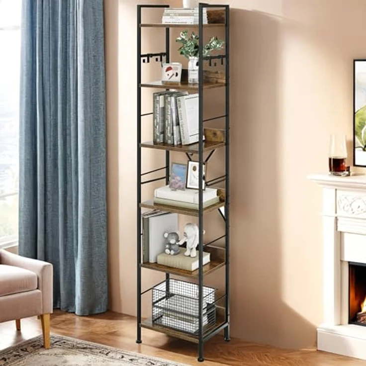 YITAHOME Bücherregal mit 6 Ebenen, Industrielles Standregal, Metallrahmen und Holzregale, Hohes Lagerregal mit 4 Haken, Präsentationsorganizer, für Wohnzimmer, Heimbüro, Vintagebraun Regal – Bild 4