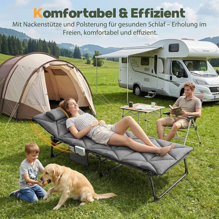 Sekey 6-Fach Verstellbar Campingbett 190 cm Feldbett Klappbar mit Matratze und befestigbarem Kopfkissen, Grau – Bild 5