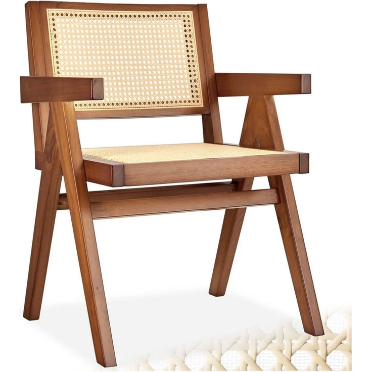 tectake Esszimmerstuhl Armlehnstuhl im Boho-Stil, 59 x 56,5 x 82,5 cm, Belastbarkeit 120 kg (Sessel Lissy in Eiche dunkel, 1 St), große Rückenlehne und Sitzfläche mit Wiener Geflecht, Holzgestell – Bild 1