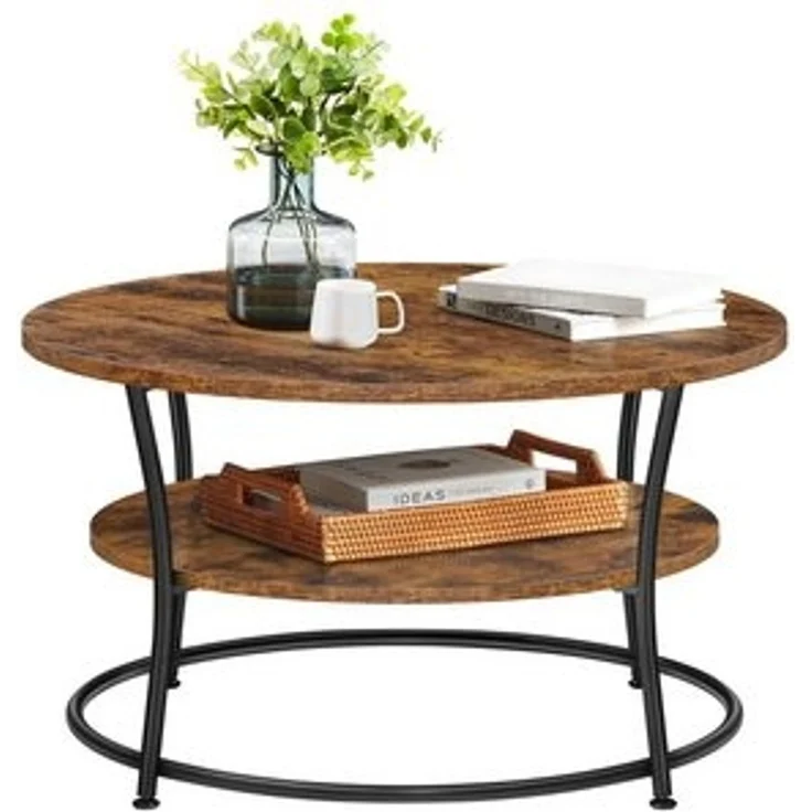 Vasagle Couchtisch rund mit Ablage, Metall/Holz Vintagebraun-schwarz, 45 x 80 x 80 cm – Bild 6