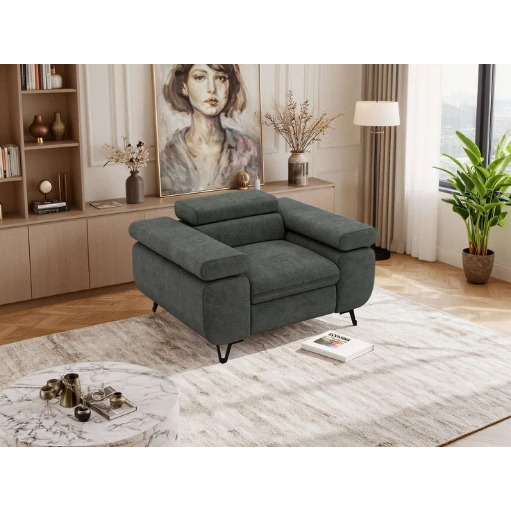 Einzelsessel, Polstersessel PETER mit verstellbaren Armlehnen und Kopfstütze, 1-Sitzer Sofa, Ohrensessel, Wellenfeder - Dunkelgrau Struktur – Bild 5