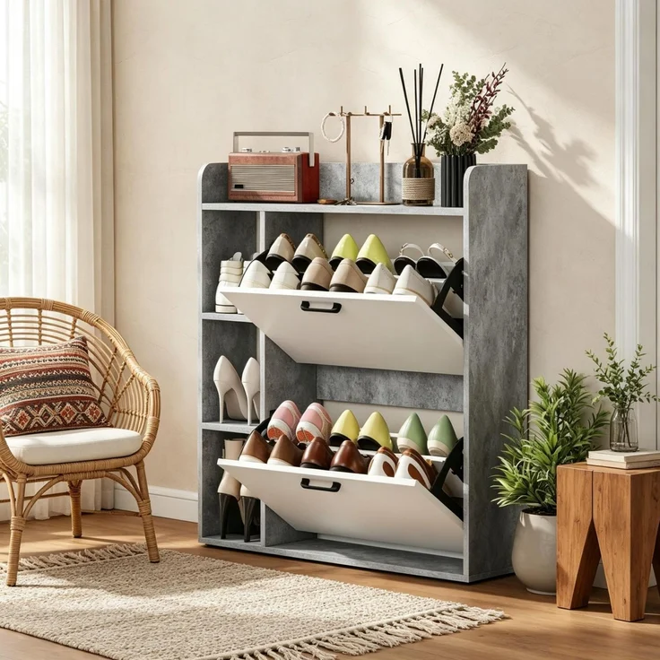 DESVIAE Garderobenschrank Schuhschrank Grau-Weiß aus Spanplatte – 83x90,5x24 cm – 2 Kippschränke – Bild 1