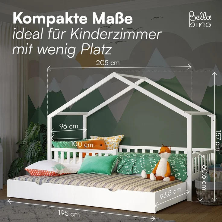 Bellabino 'Vils' Hausbett 90x200 cm mit Gästebett 90x190 cm, weiß, Kiefer Massivholz, Montessori Kinderbett mit Ausziehbett, inkl. Rausfallschutz und Lattenrost – Bild 8