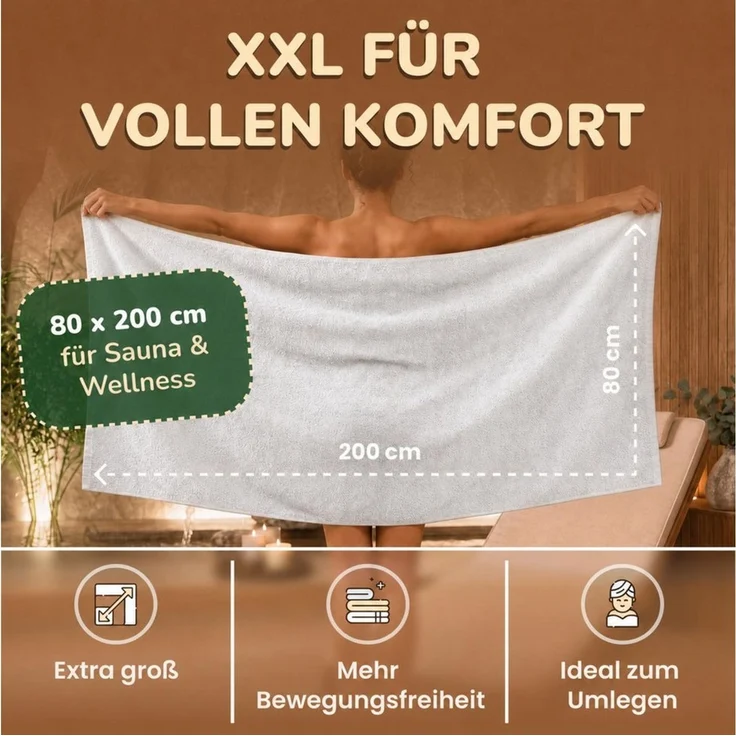leevitex® Saunatuch, 80x200 cm, 100% Baumwolle, saugstark und fusselfrei, Frottee (Set, 2-St), OEKO-TEX® STANDARD 100 zertifiziert, gestreifte Bordüre – Bild 3