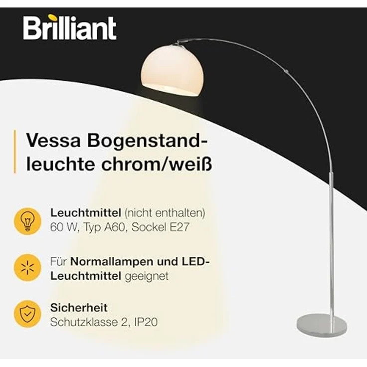 Brilliant Leuchten No. 92940-75 Bogenstandleuchte Vessa E27 chrom weiß – Bild 3