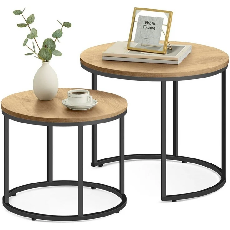 Home Collective Couchtisch 2er Set Beistelltisch Loft Design 2in1 Verschachtelung Wohnzimmer, kratzfeste Oberfläche 53cm & 43cm Sonoma-Eiche, schwarzen Beinen rund – Bild 1