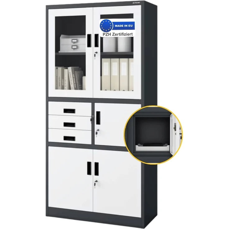 Vitrinenschrank abschließbar GEDO - mit Tresor & Schubladen| Büroschrank aus Stahl Aktenschrank mit Glasfenster Metallschrank Mehrzweckschrank, 185x90x40cm Anthrazit-Weiß – Bild 1