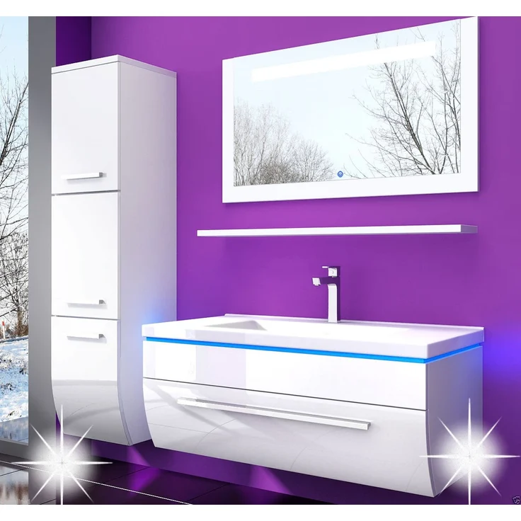 Homeline 90 cm Weiss Badmöbel Set mit einem Hängeschrank Hochglanz Lackiert Spiegel mit Beleuchtung, Waschbecken – Bild 4