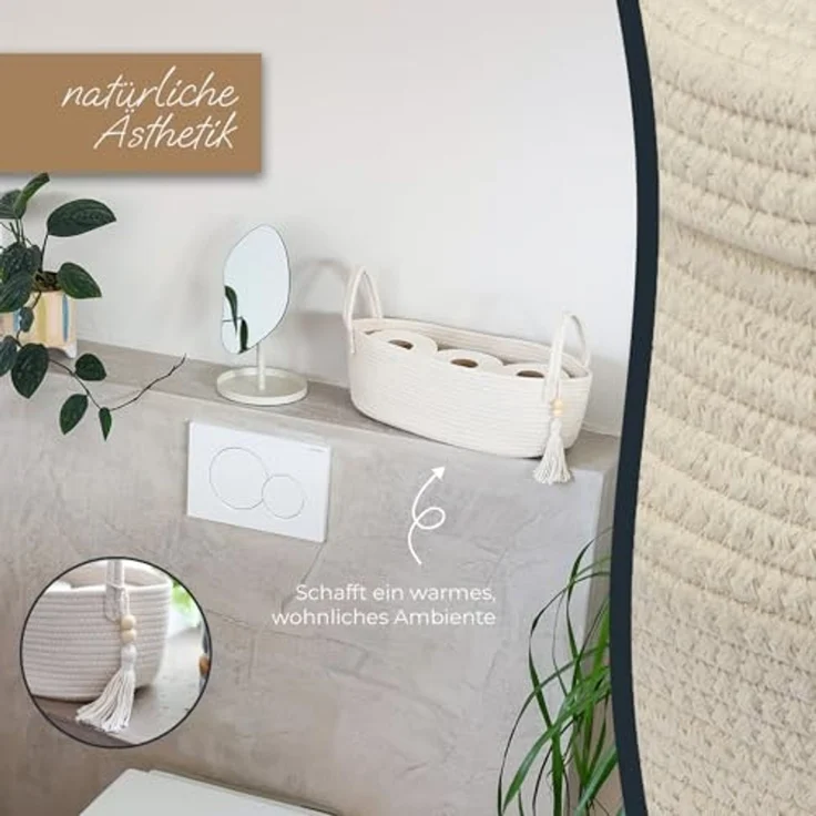 HMF Aufbewahrungskorb Aufbewahrungskorb Badezimmer, Korb für bis zu 3 Rollen Toilettenpapier, handgenäht aus Baumwolle, Badezimmerkorb, 38,5 x 15,5 x 14 cm, Creme – Bild 4