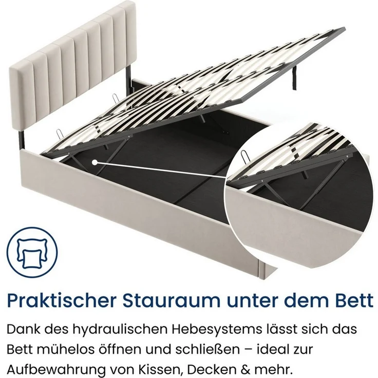 Home Collective Polsterbett mit Stauraum und Lattenrost Doppelbett Gepolstertes Bett (Verfügbare Größen: 140x200 und 160x200 cm), hydraulischer Bettkasten Kopfteil verstellbar samt Beige – Bild 3