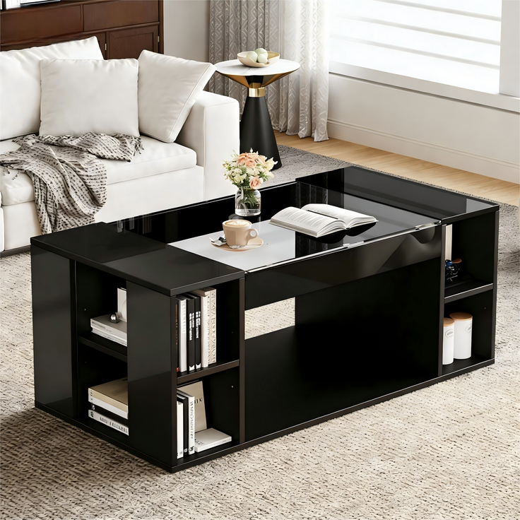 Couchtisch, ausgehöhlter Tisch mit gehärteter Glasplatte, 100x50x40 cm, schwarz, mit LED-Beleuchtung – Bild 2