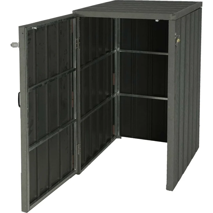 XL 1er-/2er-WPC-Mülltonnenverkleidung HWC-J28, Premium Mülltonnenbox, Metall Holzoptik, erweiterbar ~ grau – Bild 7