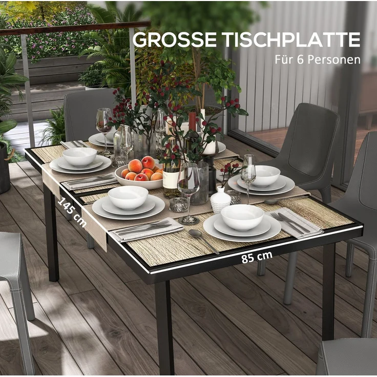 Gartentisch 145 x 85 x 72 cm für 6 Personen – rechteckiger Esstisch in Holzoptik mit Stahlgestell – Bild 8