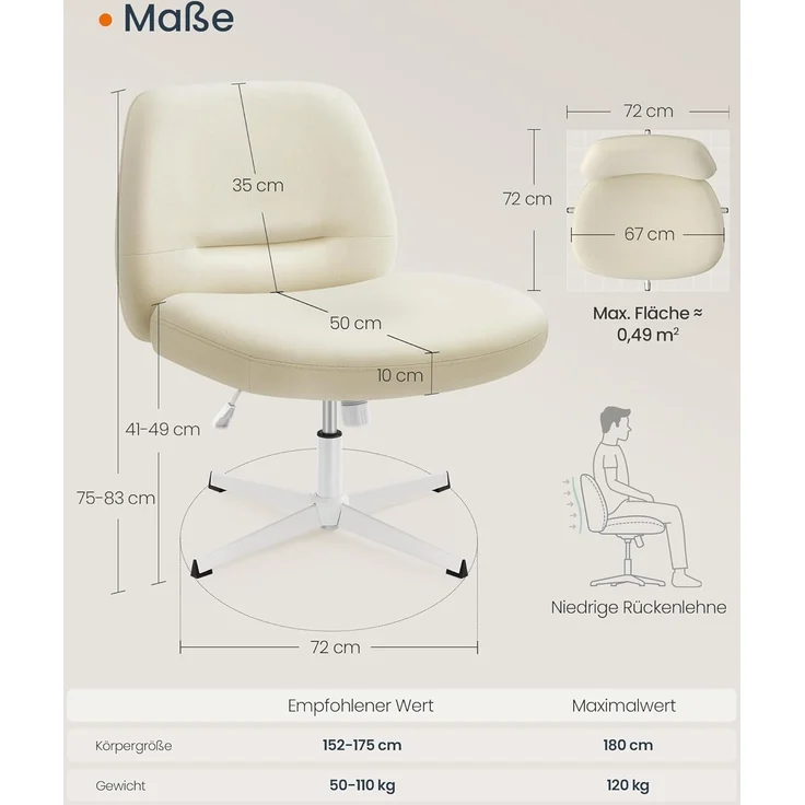 SONGMICS HOME Schneidersitz Stuhl, Schminkstuhl, Drehstuhl ohne Armlehnen, Schreibtischstuhl, breite Sitzfläche, modern, mit Kreuzfuß, höhenverstellbar, Wippfunktion, cremeweiß OBG046W01 – Bild 2