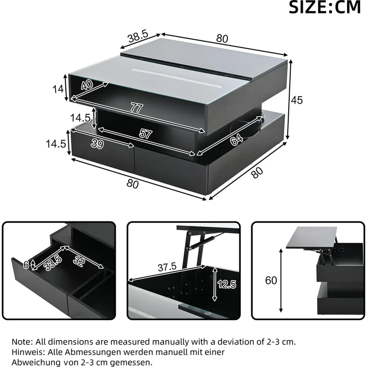 Couchtisch mit hydraulischer Hubfunktion und LED-Beleuchtung, Hochglanz Oberfläche, 2 Schubladen & gehärtetem Glas,Schwarz – Bild 9