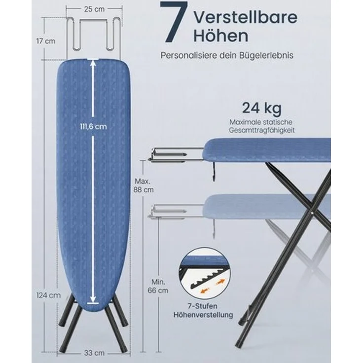 SONGMICS HOME Bügelbrett 7-Stufig Höhenverstellbar und Klappbar mit Stahlgestell (111,6-124) x 33 x (66-88) cm Mitternachtsblau – Bild 5