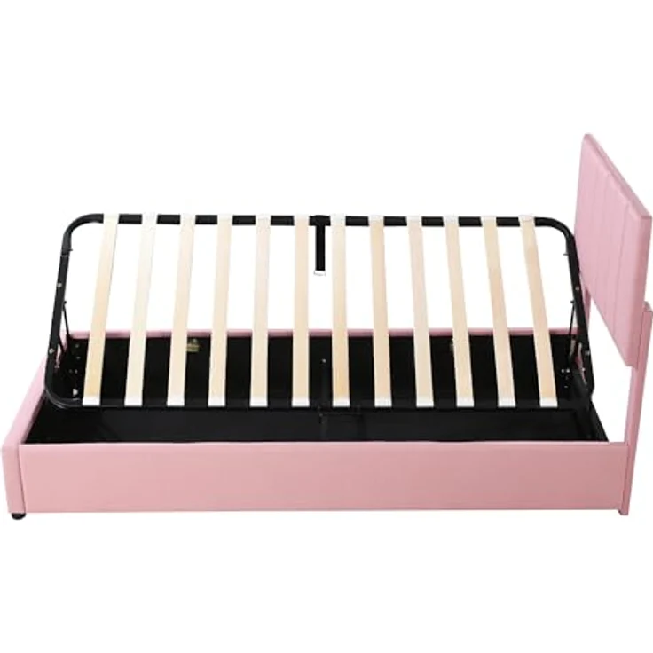 FAVSH Boxspringbett Einzelbett 90 x 200 cm - Hydraulisches Stauraumbett mit Lattenrost, Polsterbett mit Stauraum für Kinderbett Jugendbett mit Verstellbares Kopfteil, Leinen (Rosa) – Bild 6