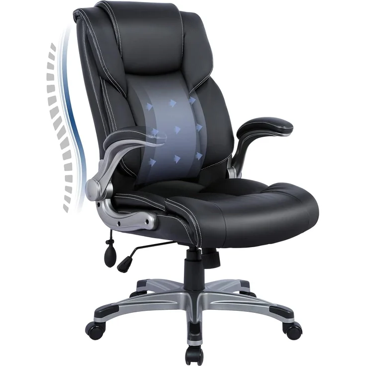 COLAMY Bürostuhl Ergonomisch, Chefsessel mit Hoher Rückenlehne, Schreibtischstuhl Lederstuhl mit Gepolsterten Klapparmlehnen, Verstellbarer Neigungsverschluss, Drehstuhl für Erwachsene, Schwarz – Bild 1
