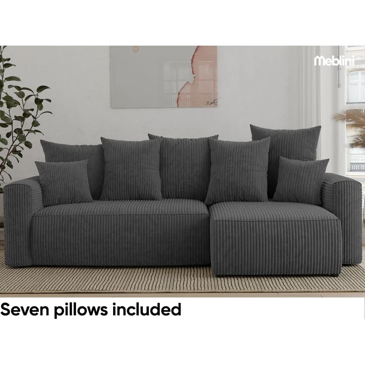 MEBLINI Schlafcouch mit Bettkasten - 238x142x73cm - Dunkelgrau Cordstoff - DAVE - Kleines Ecksofa mit Schlaffunktion - Sofa mit Relaxfunktion und Kissen - Kleine Couch L-Form - Eckcouch – Bild 6